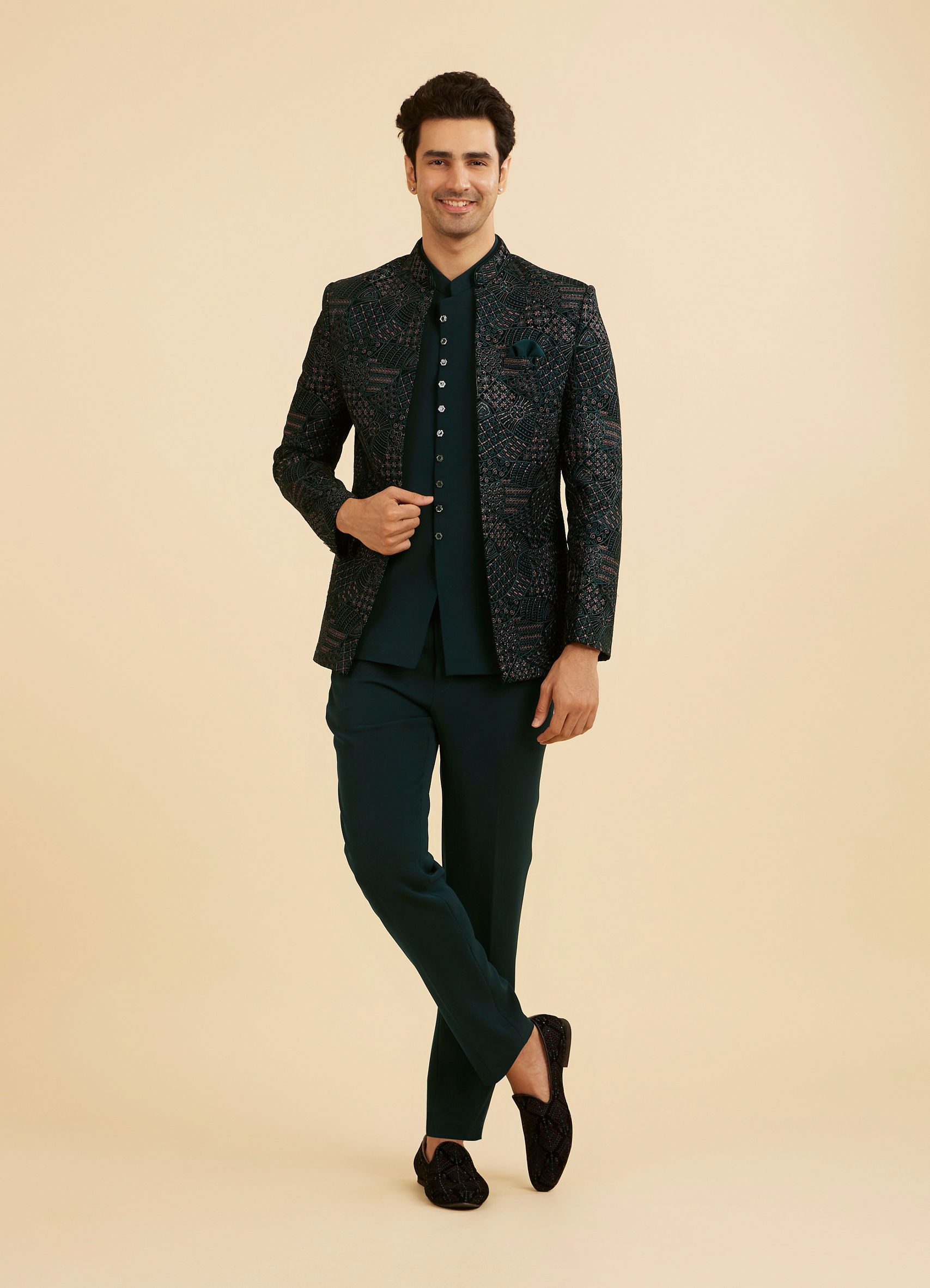Buy Vijay's Emerald Green Velvet Embroidered Jodhpuri Suit Online